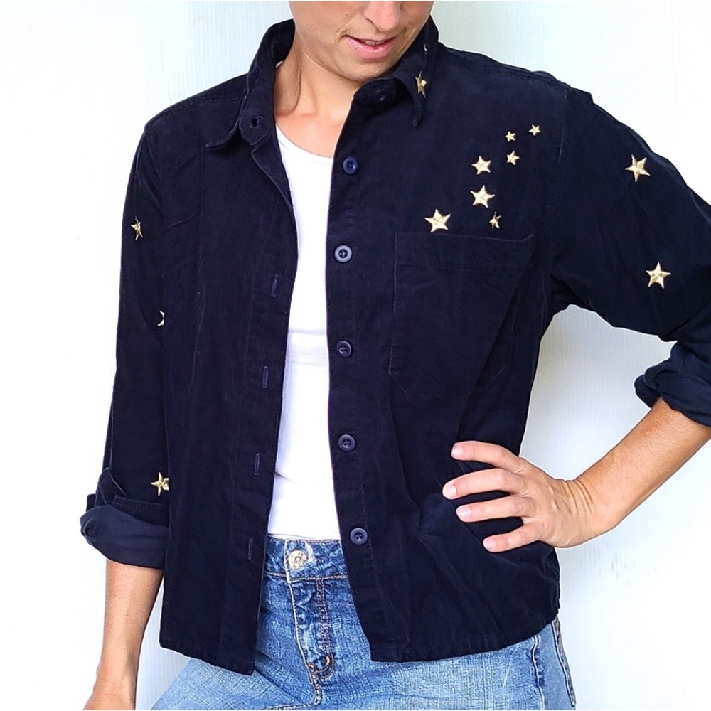 Christopher & Banks Embroidered Star Navy Corduroy Button front shirt